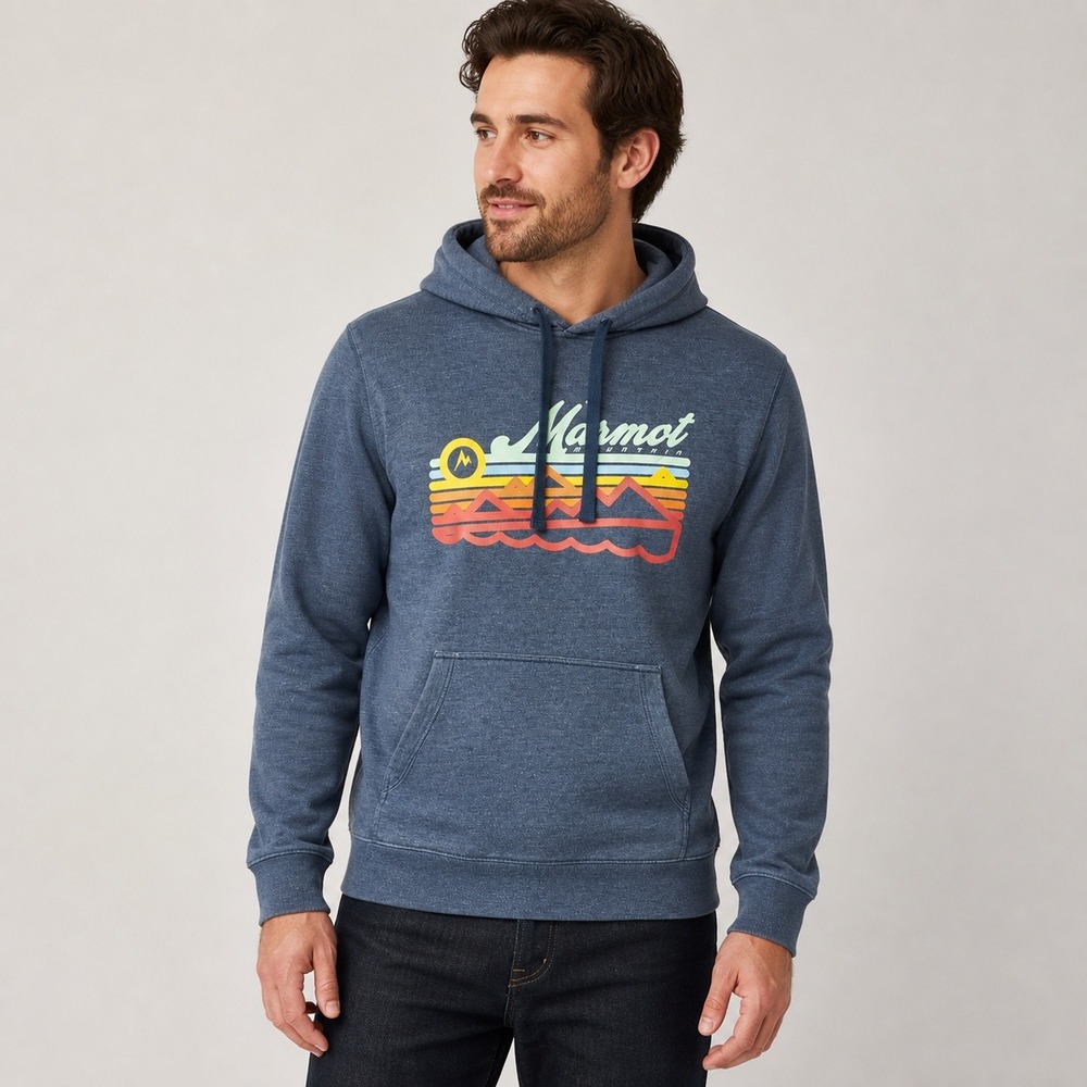 Marmot Pullover Hoodie L Blue Mountain Graphic‎ Outdoor Sweatshirt (2314)
